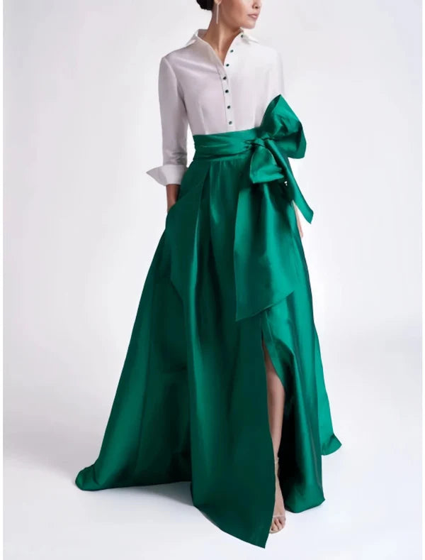 Luolandi A-Line Evening Gown Elegant Red Green Dress Formal Wedding Guest Sweep / Brush Train 3/4 Length Sleeve Shirt Collar Satin with Bow And Slit